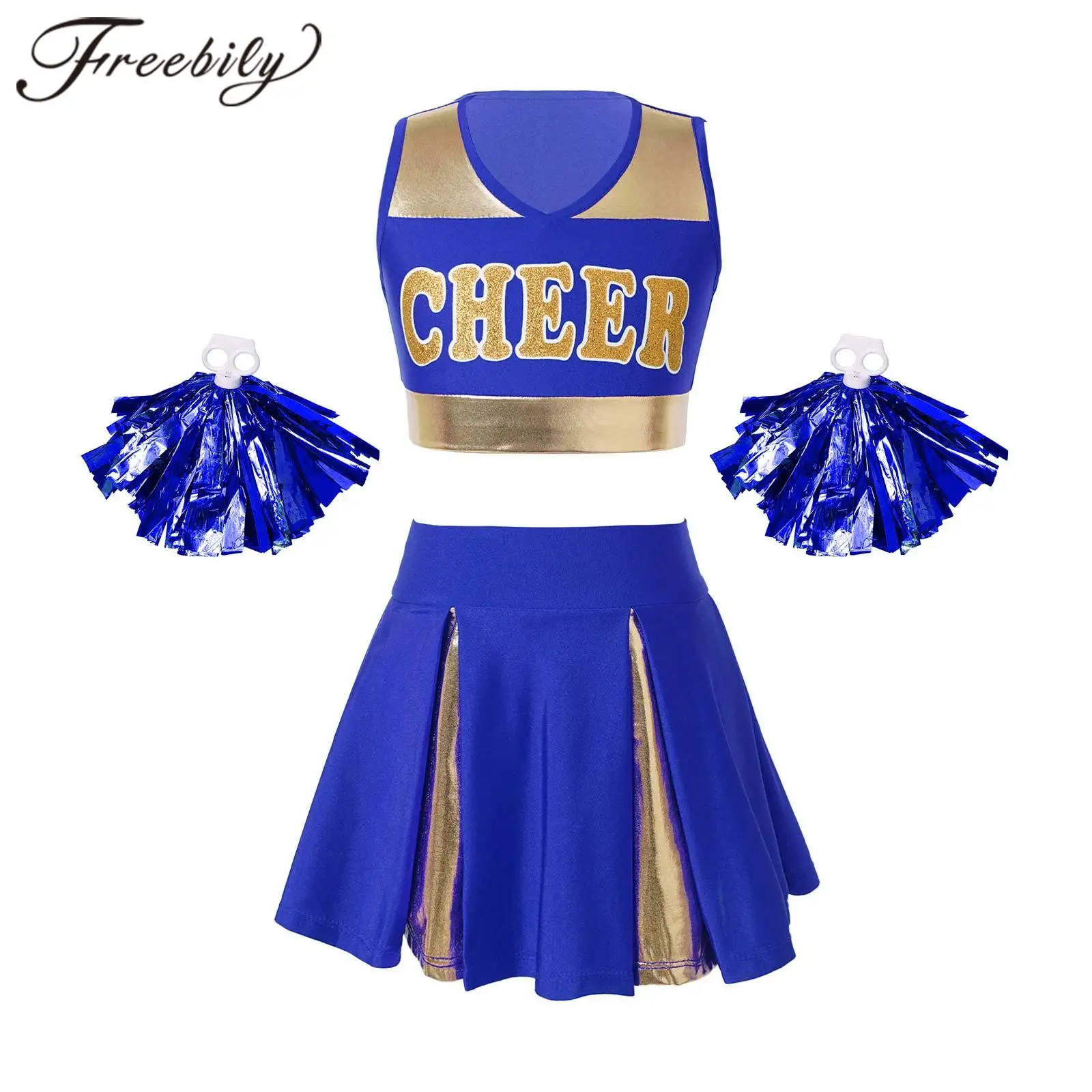 Kids Cheerleading Uniforms Cheerleader Costume Team Wear School Girls Cheer Dance Crop Top with Skirt And Tassel Flower Ball