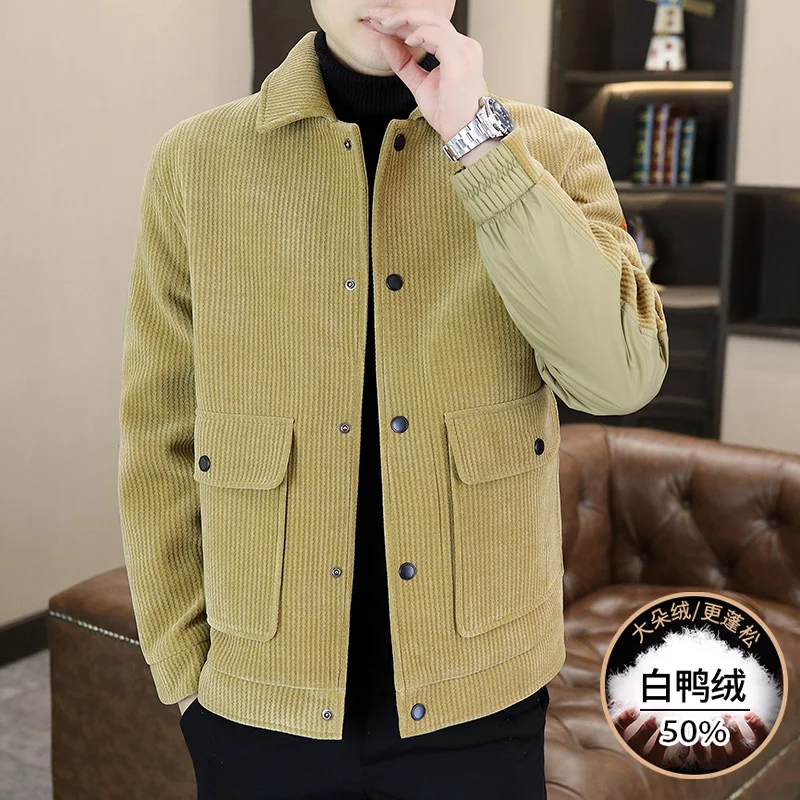 

New Autumn Winter Men's Warm Short Duck Down Woolen Coats Outwear Striped Slim Fit Puffer Jackets Casual Thicken Parkas Clothing