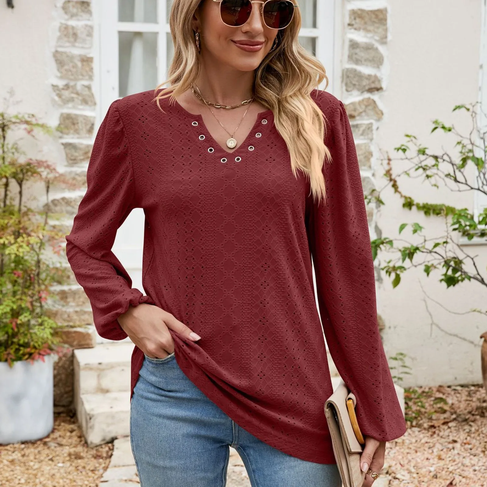 

Women's Fashionable Casual Blouse Vintage V Neck Buttoned Hollow Out T Shirt Top Elegant Loose Long Sleeve Draped Blouse