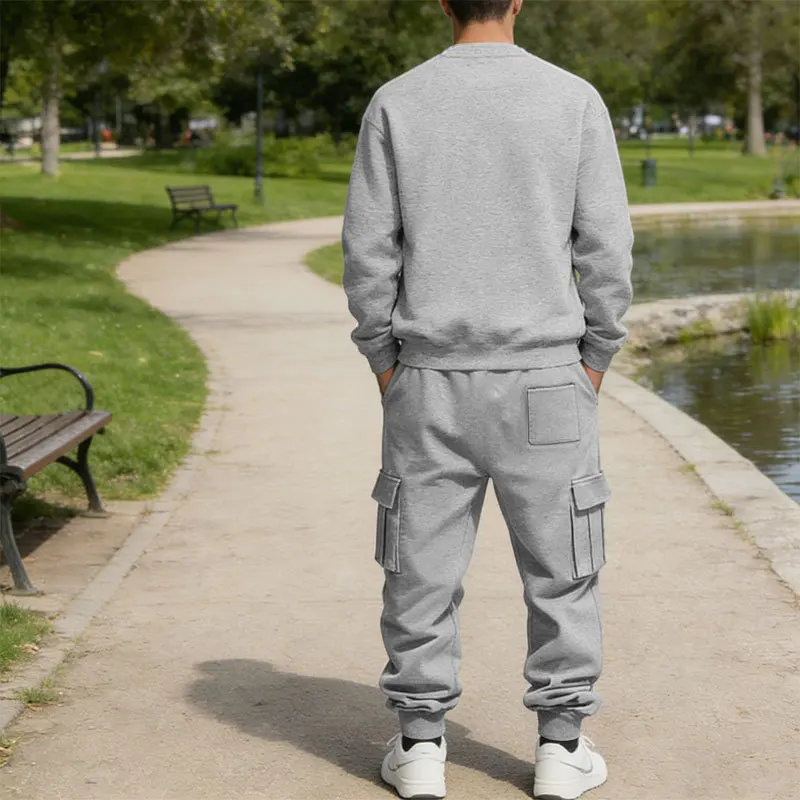 Herren Fleece Rundhals-Sweatshirt-Set Locker Lässiges Langarm-Zweiteiler-Set Herbst Winter Bequemes Sweatshirt Cargo-Hose – Detail 9