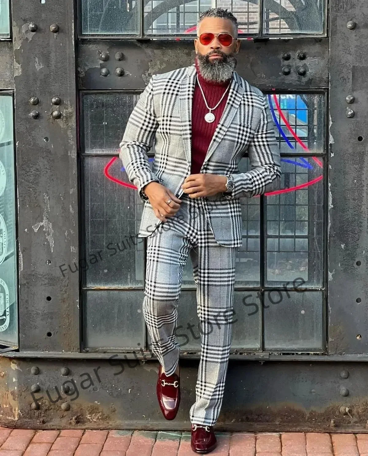 Classic Gray Checkered Mens Suits Slim Fit Notched Lapel Groom Wedding Tuxedos 2 Pieces Sets Business Male Blazer Traje Hombre