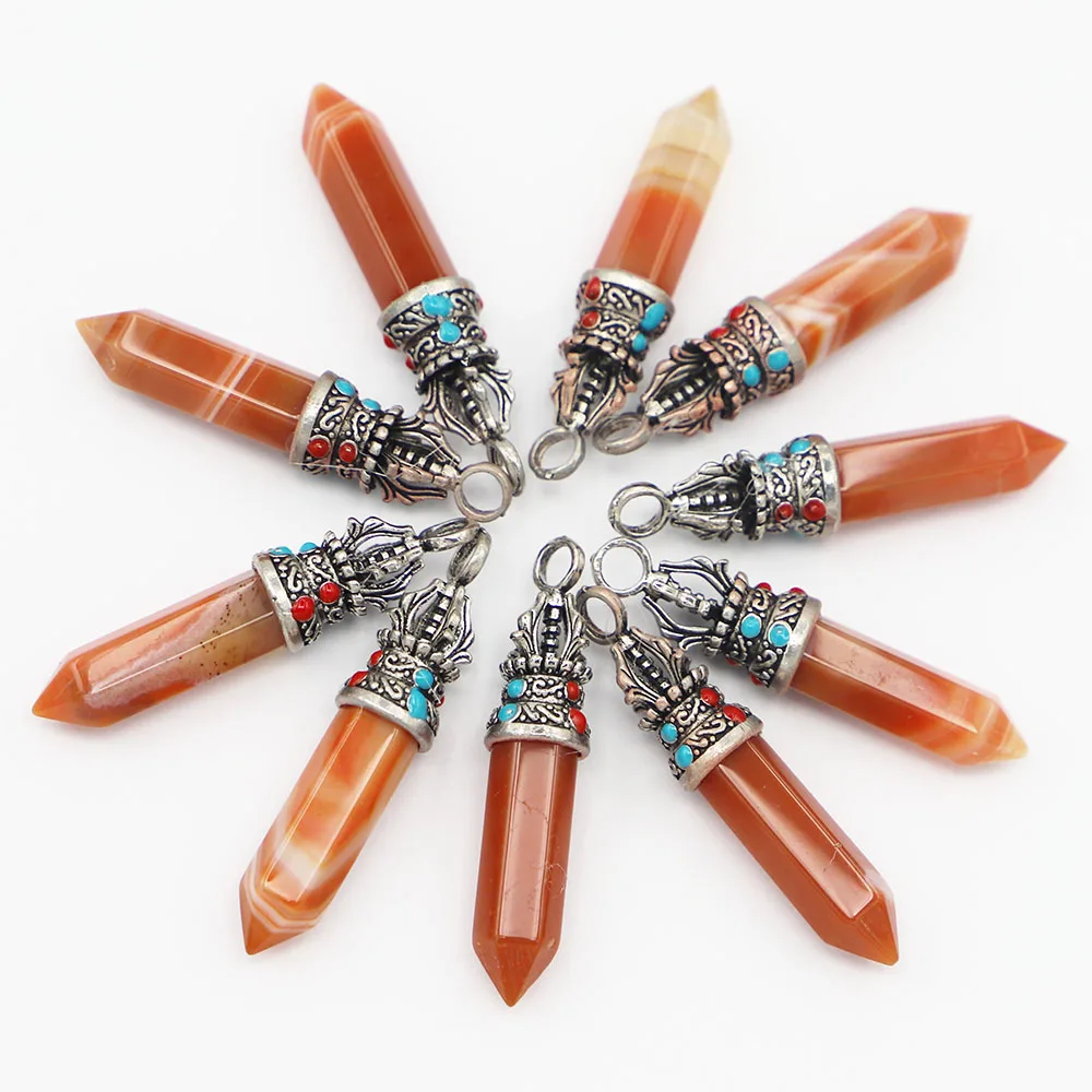 Free Shipping Natural Stone Hexagon Column Silver Crown Necklace Pendant Unisex Accessories DIY Jewelry Making Wholesale 20P/Lot