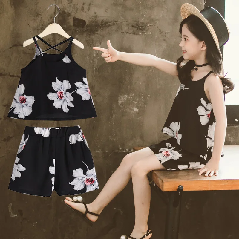 

Child Girl Clothing Set Summer Clothes For Girls Vest + Short Casual Kids Clothing For 6 8 12 Years Teen Children's Costume