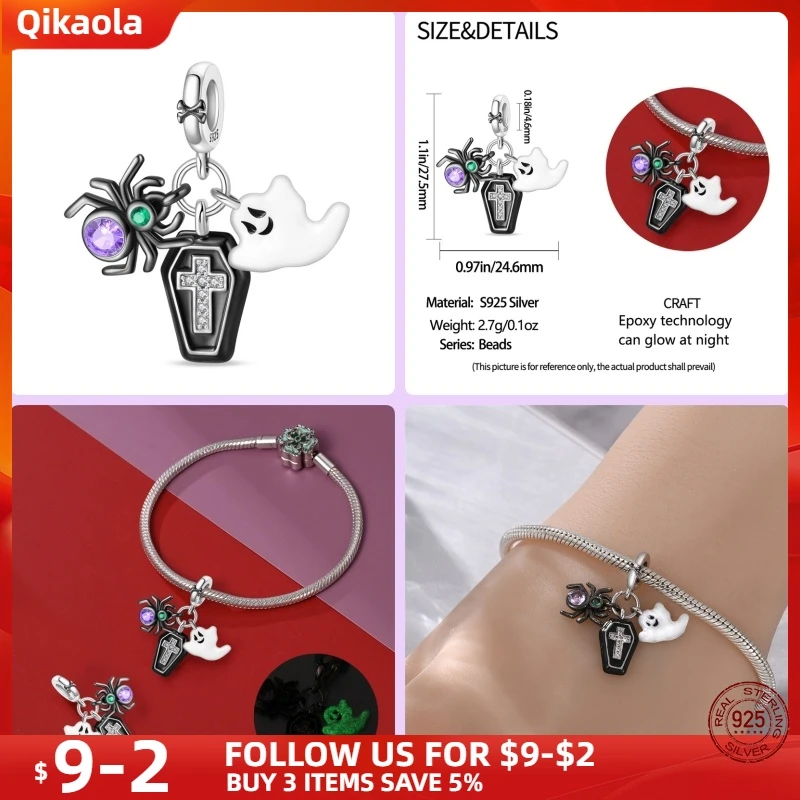 New in 925 Silver Halloween Collection Charm Glowing skull Beads Fit pand 3mm Bracelet DIY Pendant Woman Jewelry Hot Sale