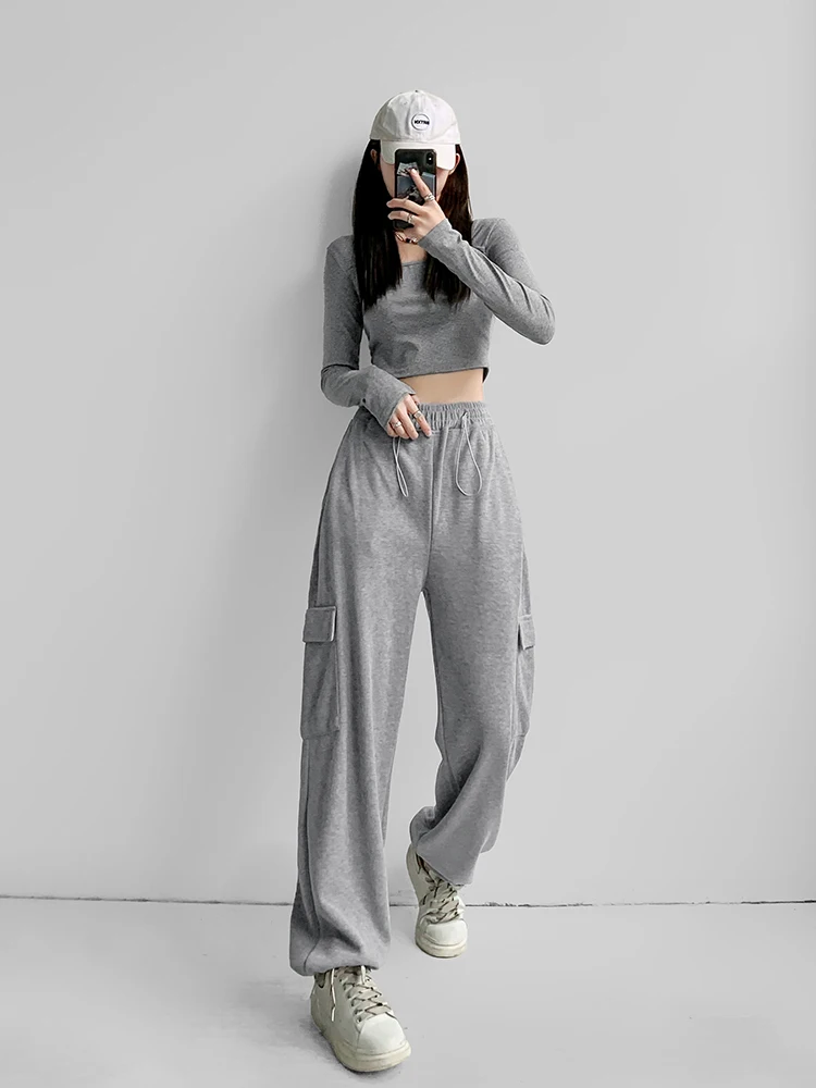 Women Solid Cotton Cargo Jogger Sweatpants With Drawstring Cuff Detail