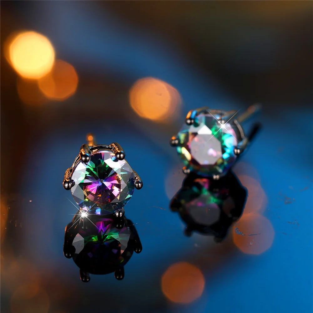 Cute Female Crystal Rainbow Zircon Stone Round Stud Earrings Black Gold Color Wedding Jewelry For Women