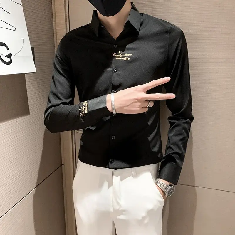 

Men's Shirt Graphic Embroidery Black Long Sleeve Male Shirts Cheap Brand Summer Hipster with Sleeves Korean Style Cool Social I