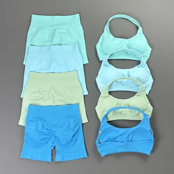 2 Pcs Gym Sets Women Seamless Removable Pad Yoga Bra Scrunch Booty Squat Proof Shorts Suit Running Workout Sports Fitness Set