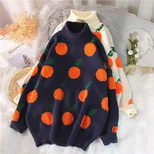 

2021 Autumn Winter Sweaters Pullover Cherry Pattern Long Sleeve Sweater Women Turtleneck Knitted Jumpers Sweater Mujer