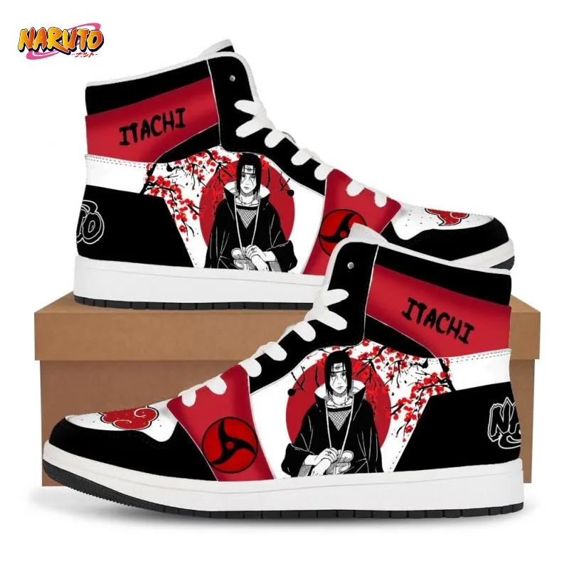 

Новые мужские кроссовки из воловьей кожи с аниме рисунком, Прошитые высокие кроссовки унисекс с бочонком Akatsuki Uchiha Ita