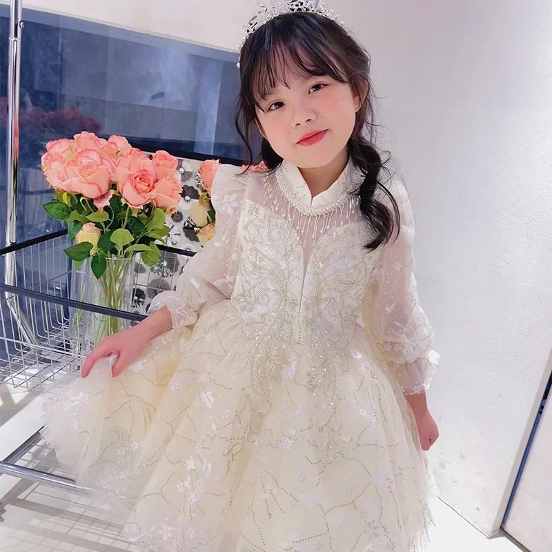 

First Birthday Party Ball Gown Dresses for Girls Kids Luxurious Sequined White Dress Toddlers Royal Gala Children Partywear 2023