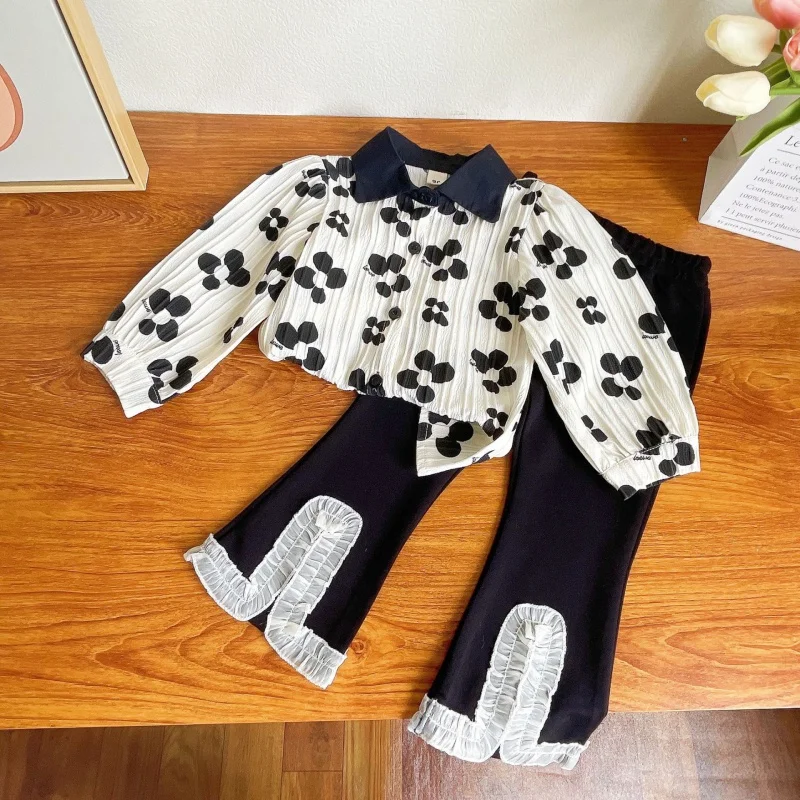 

Autumn New Girls' Flower Shirt and Cute Lace Flared Pants Two-Piece SuitWS