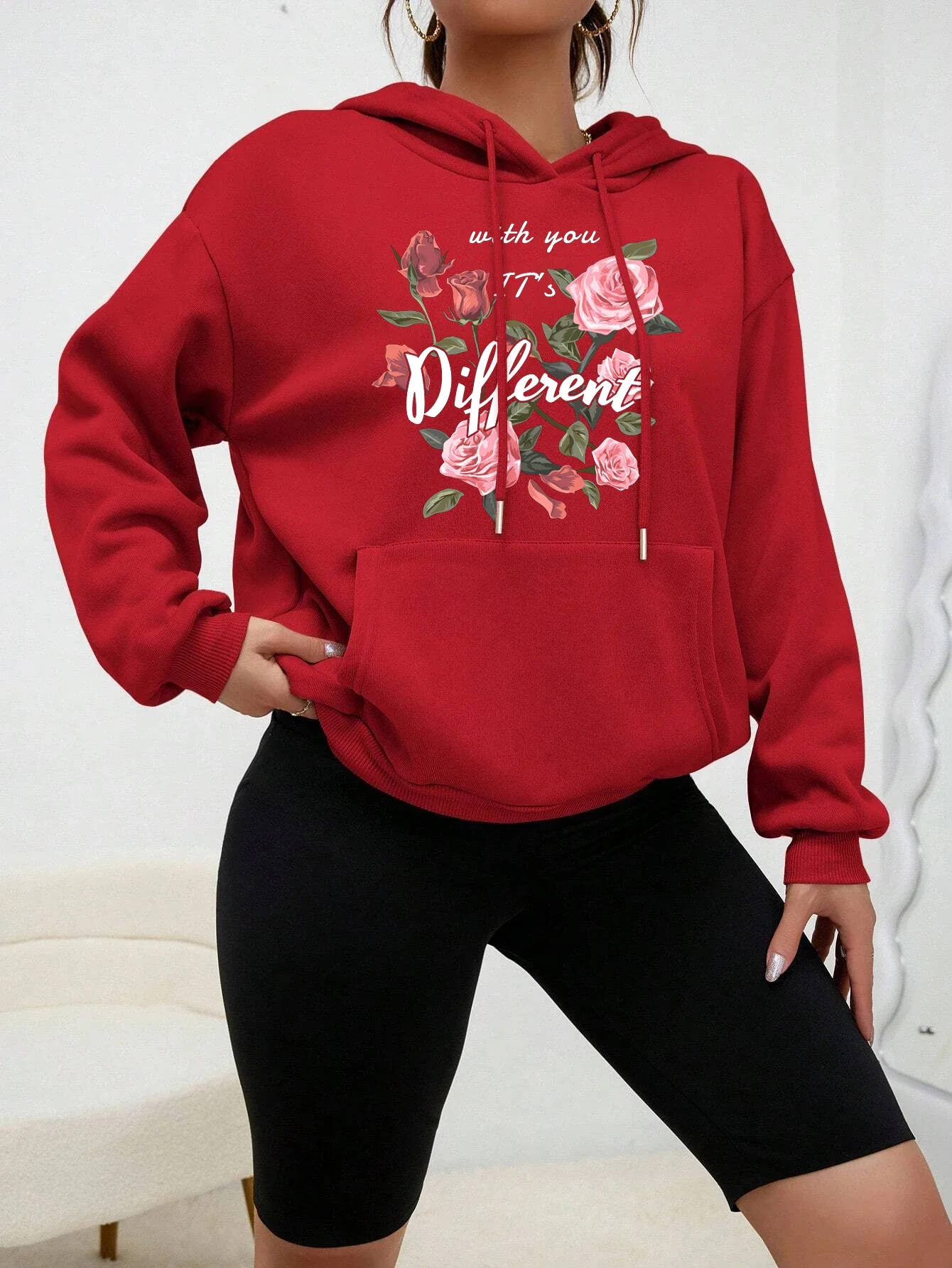 

New Hip Hop Hoody Vintage Fleece Women Pullovers Combination Of Different Roses Print Hoodie Female Autumn Fashion Sweatshirt