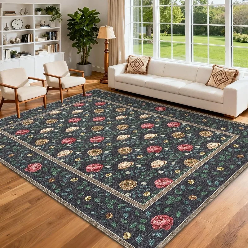 Floral Living Room Carpet Retro Pastoral Art Design Bedroom Plush Rug Foldable Machine Washable Non-slip Cloackroom Mat 러그 Tapis
