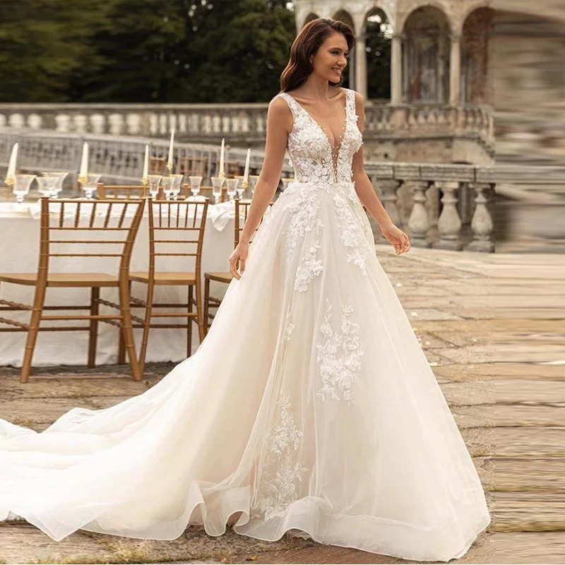 VIKTORIA Luxury Wedding Dress Elegant Multi-layer Lotus Leaf Yarn V-neck Beading Bridal Gowns Crystal Lace Up White Custom Made bridal shower dress