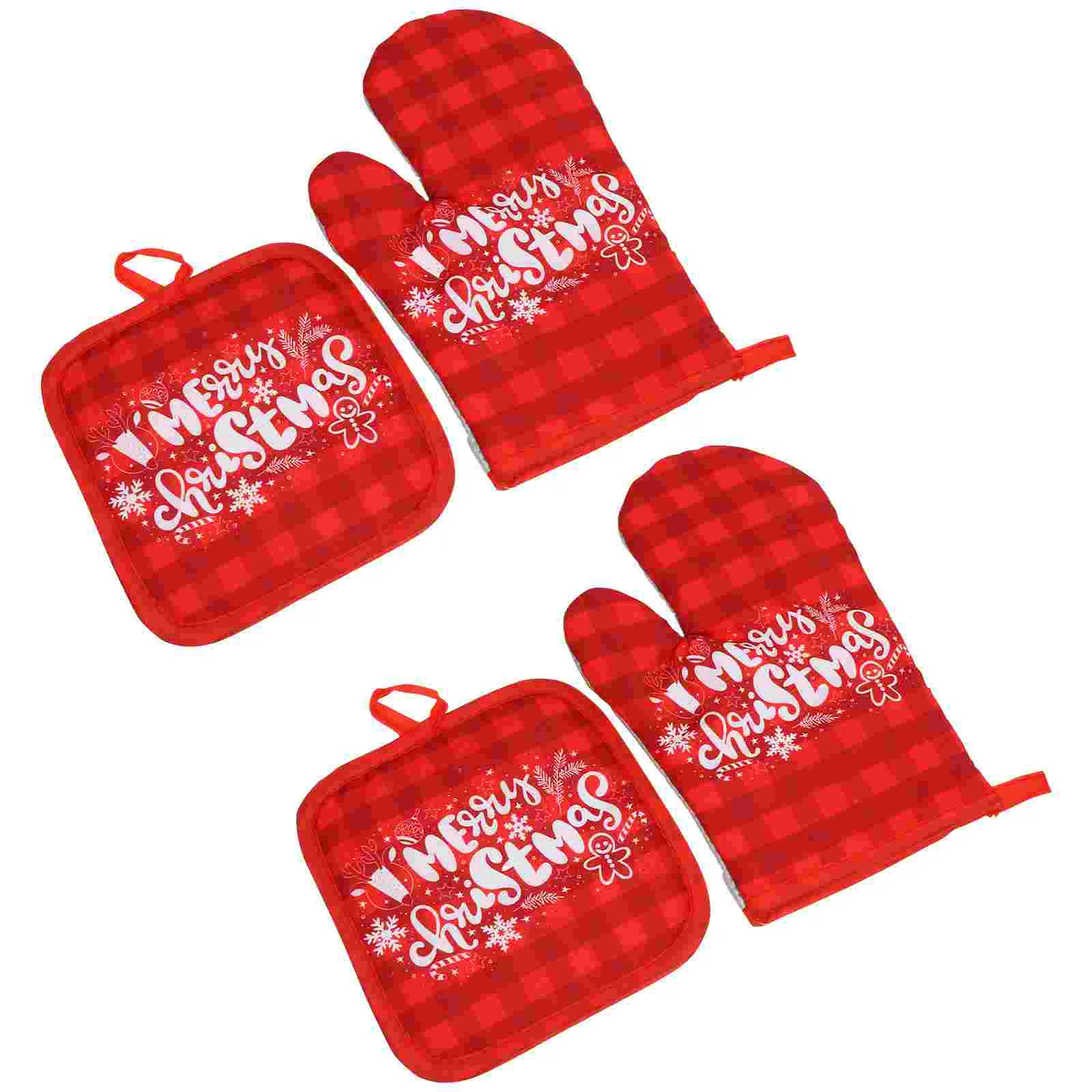 

2 Sets Practical Christmas Printed Oven Gloves Anti-scald Gloves Mats Sets (Red)