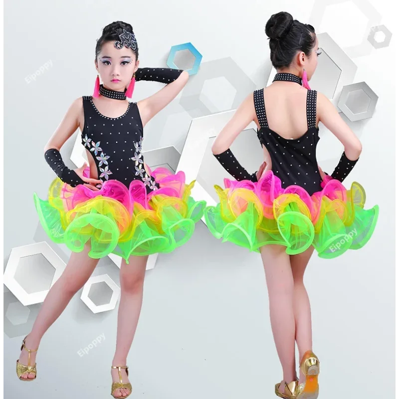 Kids Sequin Latin Dance Dress For Girls Fashion Cha Cha Salsa Tango Dance Outfit Stage Costume Performance Outfits Competition