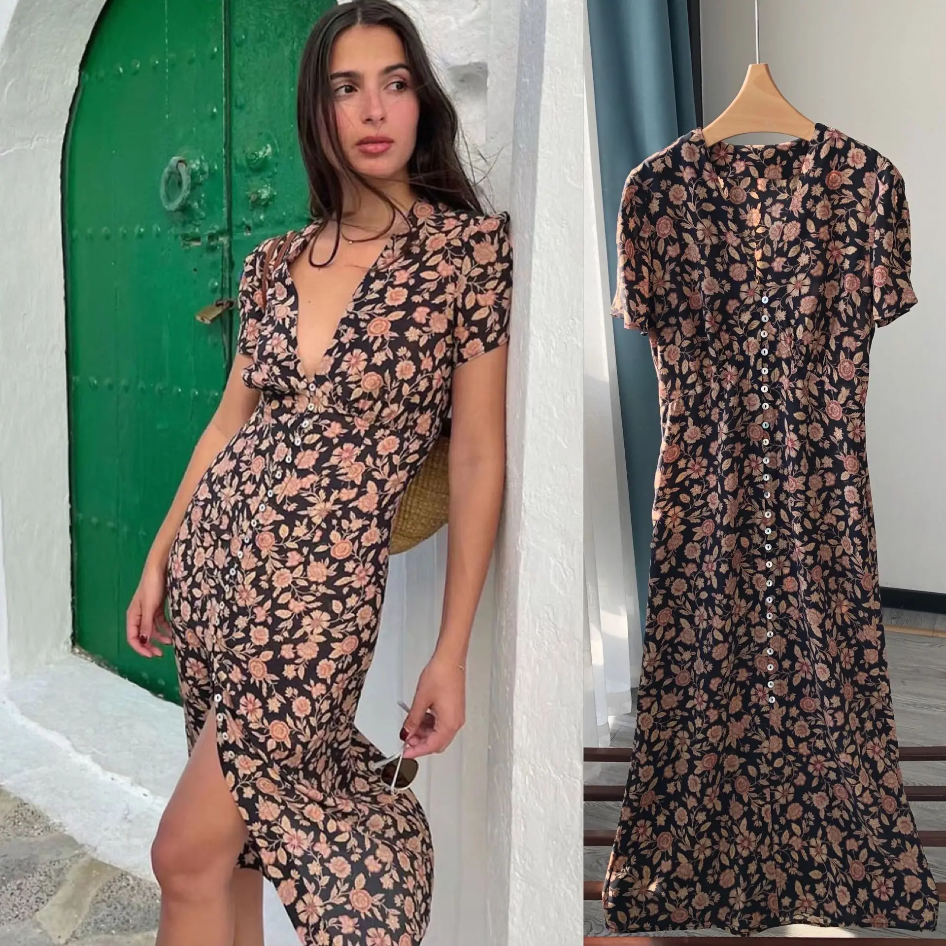 2024 Vintage French floral mid length dress with black background floral