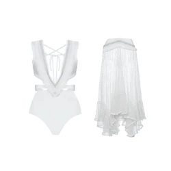 V Neck Tassel Cutout One Piece Swimsuit Women's Solid Mesh Bikini Cover Up Set Luxury Beach Swimwear Bathing Suit Beachwear 2023