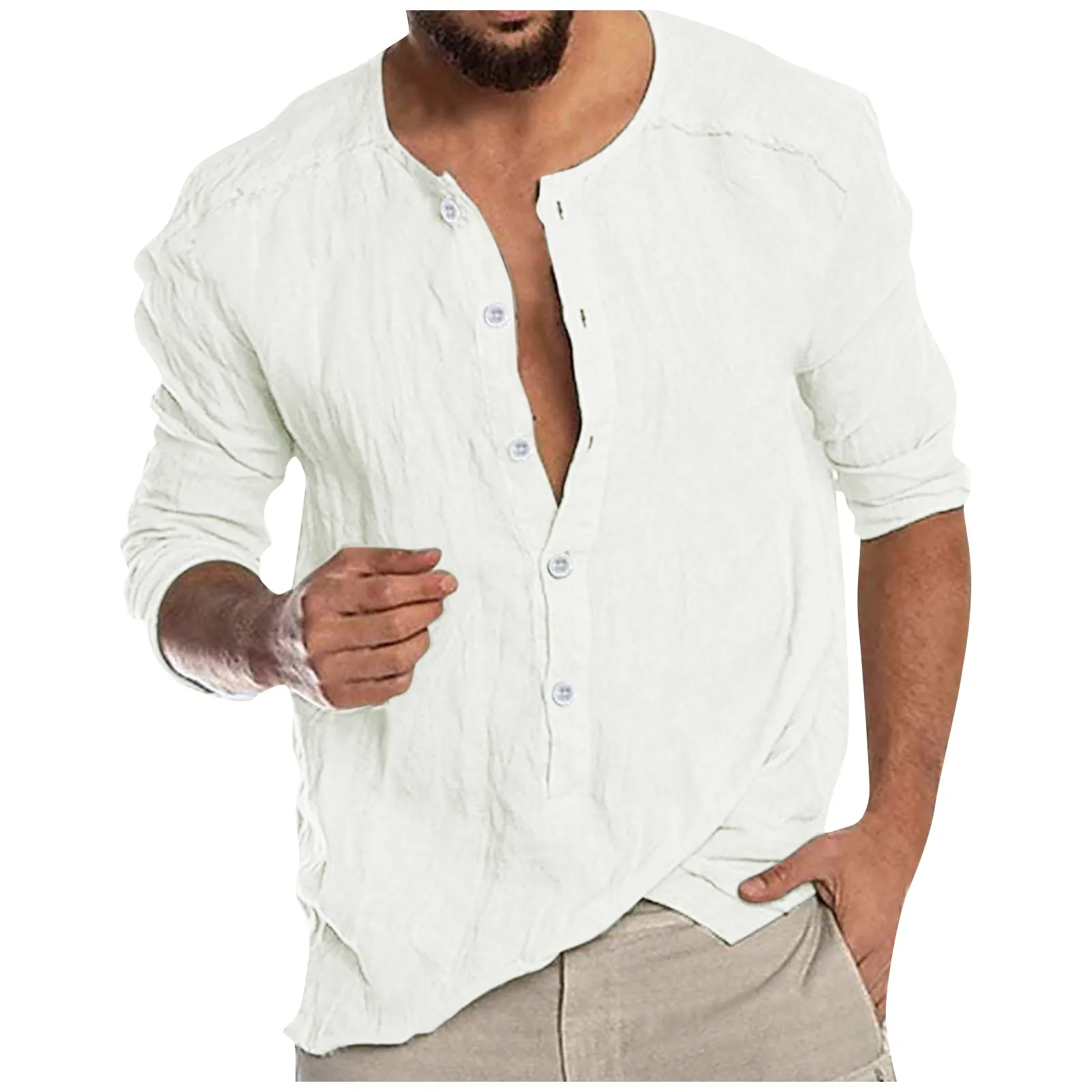 

Men's Long Sleeve Button Half Cardigan V-Neck Casual Cotton Linen Loose T-Shirt Top Fashion High Quality Top Formal Plain Shirt