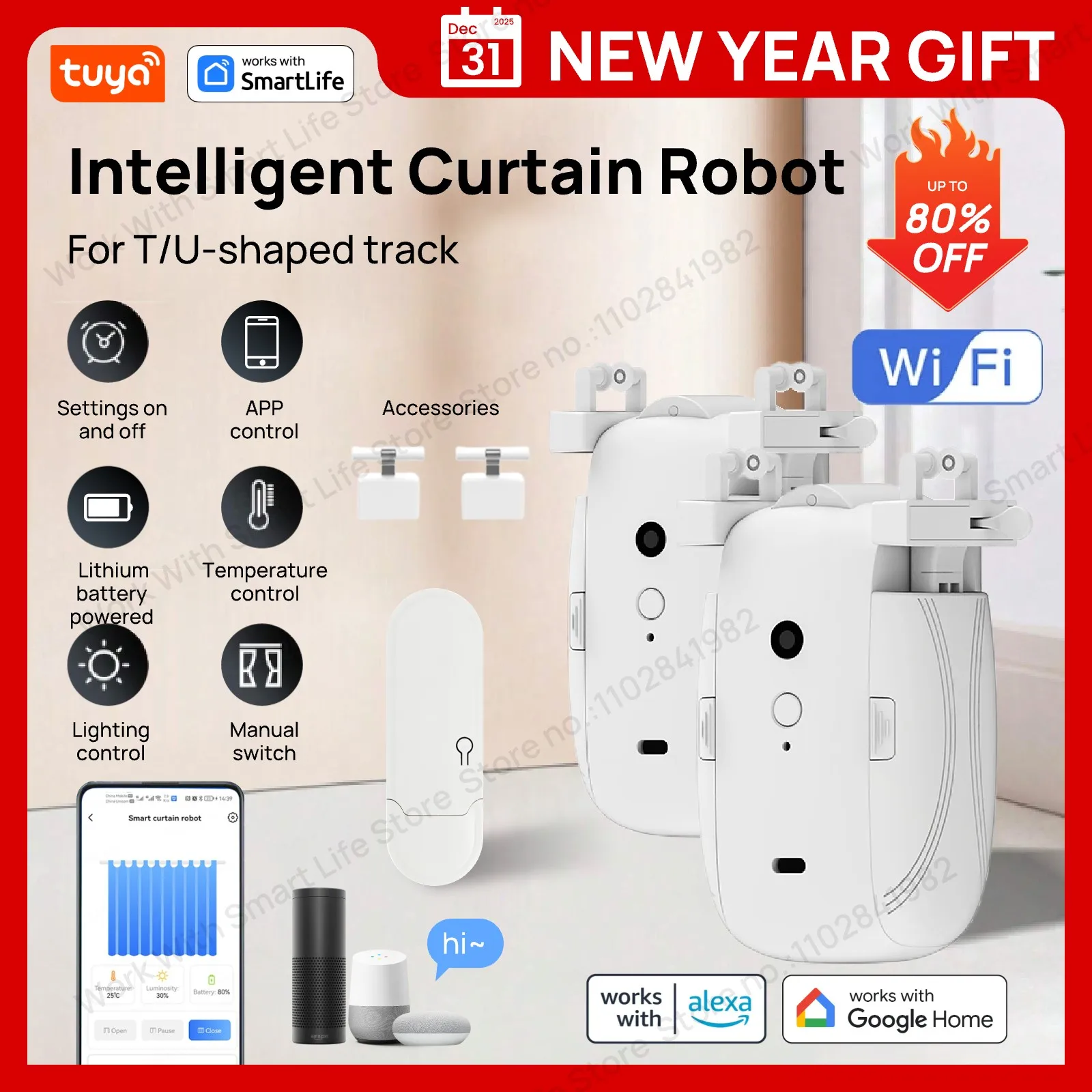 Tuya Smart Wi-Fi Curtain Robot รางม่านอัตโนมัติ T&U พร้อมเกตเวย์ ควบคุมผ่านแอปและเสียง (Alexa/Google) รางยาว 10 เมตร รับน้ำหนักได้ 8 กิโลกรัม เปิดได้สองด้าน 1