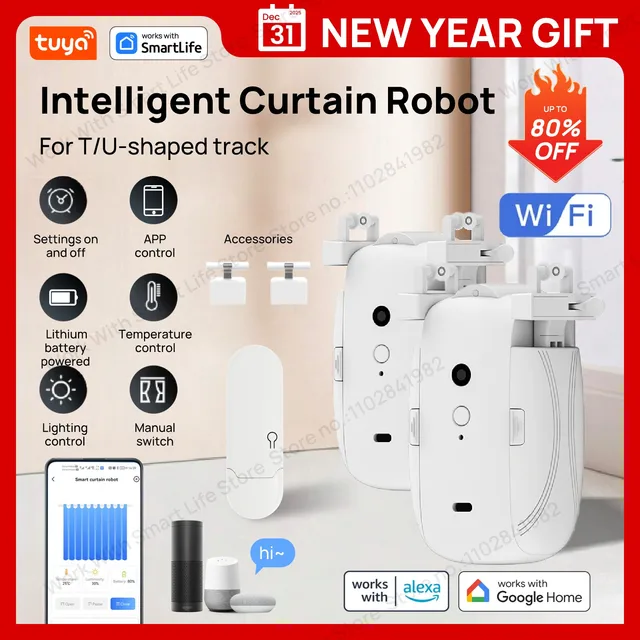 Tuya Smart Wi-Fi Curtain Robot รางม่านอัตโนมัติ T&U พร้อมเกตเวย์ ควบคุมผ่านแอปและเสียง (Alexa/Google) รางยาว 10 เมตร รับน้ำหนักได้ 8 กิโลกรัม เปิดได้สองด้าน 1