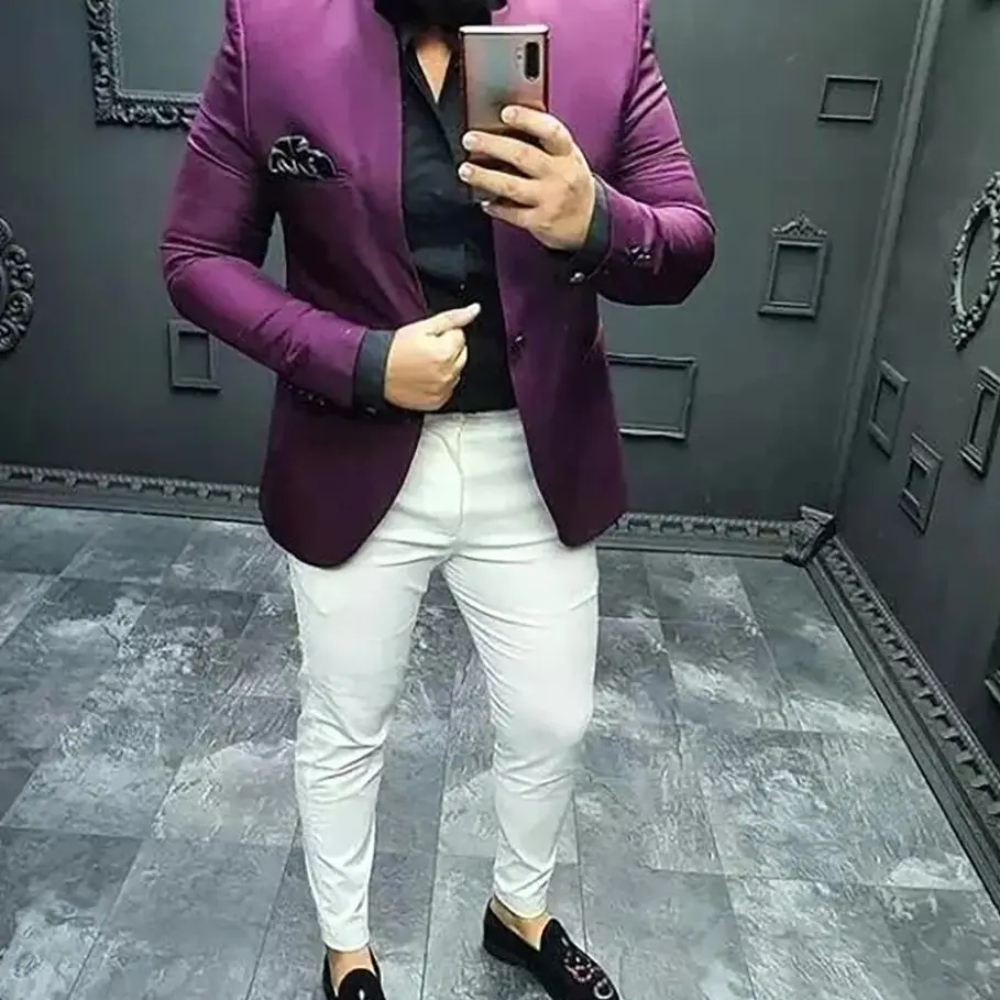 

Purple Mens Suits With White Pant One Button Slim Fit 2 Pieces (Jacket+Pants) Wedding Groom Tuxedos Prom Suit Blazer