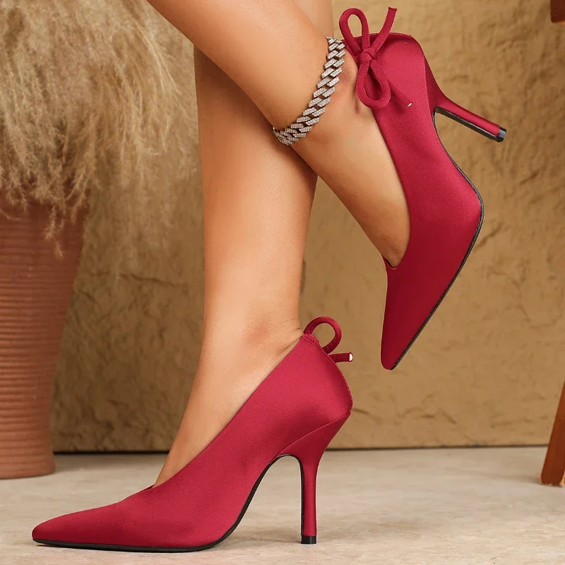 Elegant Red Satin Bow Pumps Women Fashion Pointed Toe Shallow Thin Heel Brand Designer Shoes Comfort Wedding Bridal Dress Shoes 3 Elegant Red Satin Bow Pumps Women Fashion Pointed Toe Shallow Thin Heel Brand Designer Shoes Comfort Wedding Bridal Dress Shoes - Image 3