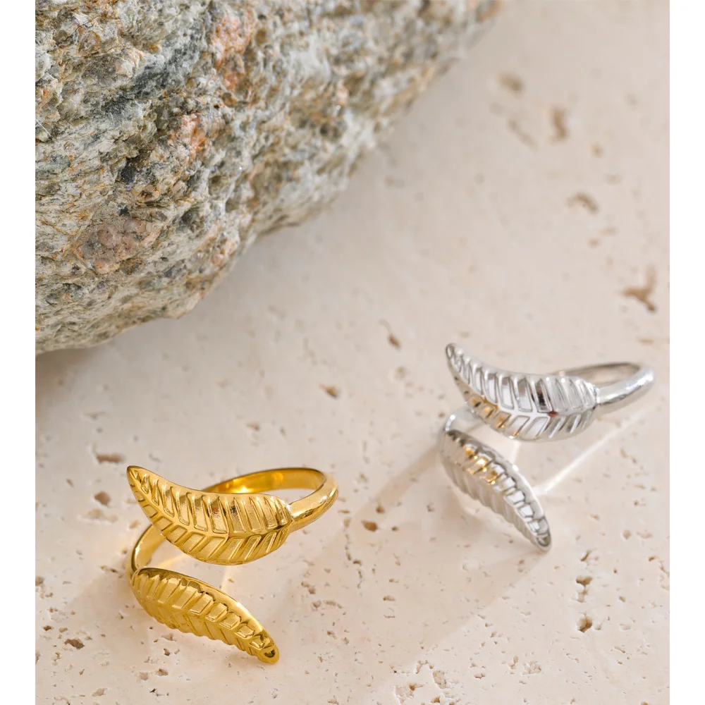Yhpup Adjustable Stainless Steel Leaf Ring Gold & Platinum Plated