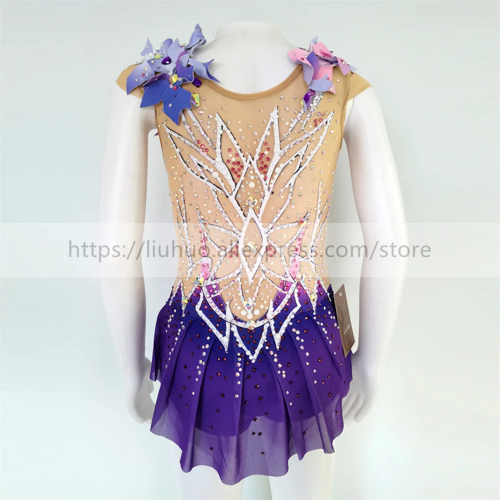 LIUHUO Customize Women Girl Costume Performance Rhythmic Gymnastics Leotards Competition Skating Dress Sleeveless Purple Flowers