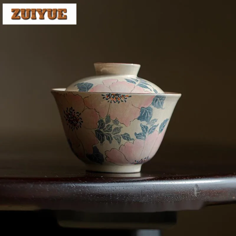 118ml Pure Hand-painted Peony Gaiwan Ancient Rough Pottery Powder Yin Tea Tureen Tea Maker Cover Bowl Chinese Set Decoration