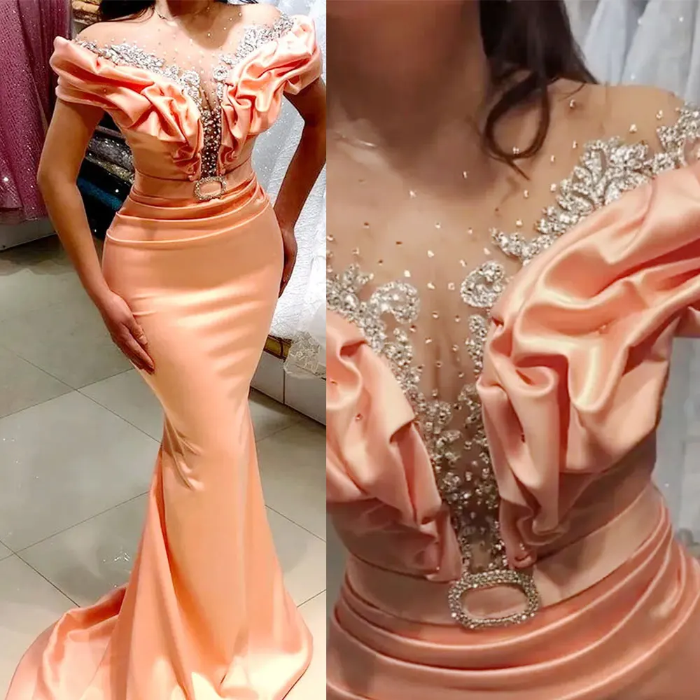 Arabic Sheer Neck Evening Dresses Women Beaded Crystals Satin Mermaid Prom Gowns Formal Party Second Reception Gowns for Brides