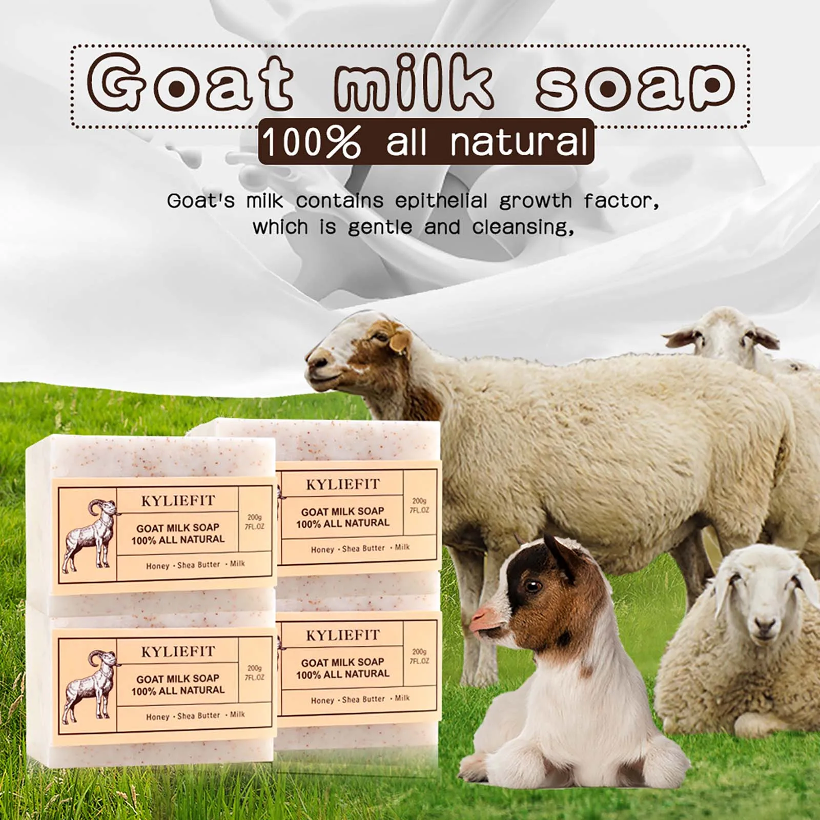 

KYLIEFIT Goat Milk Soap 100% All Natural, Whitening, Cleansing, Nourishing, With Honey, Shea Butter, Milk, For Face And Body