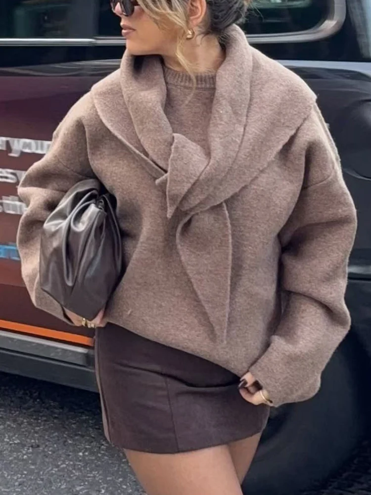 Women's Knitted Pullover 2025 Autumn Winter Casual Style Detachable Scarf Collar Sweater Loose Fit Long Sleeve Knitted Top