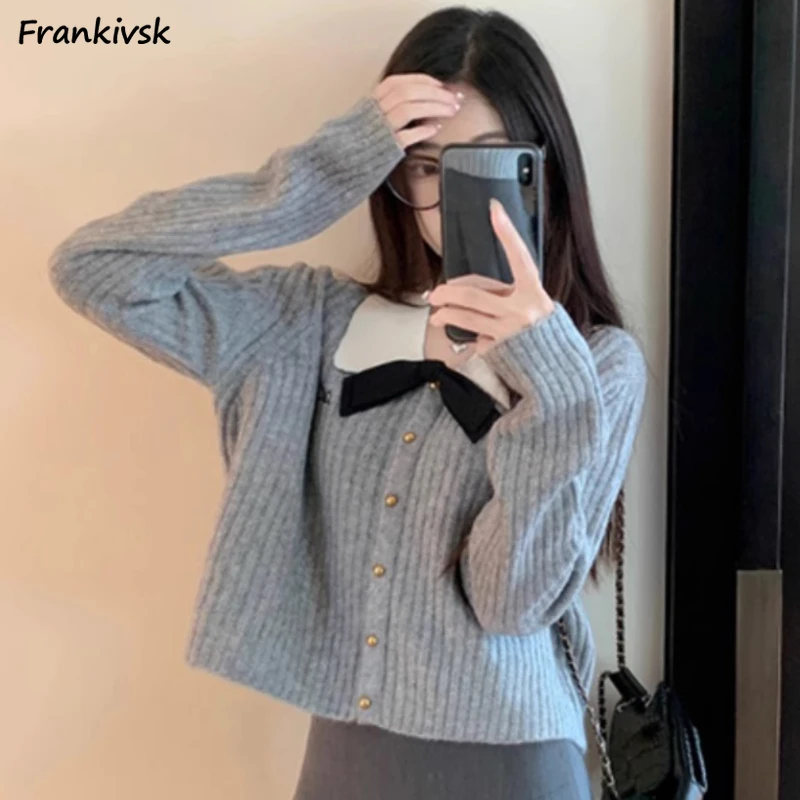 

Bow Sweaters Women Cropped Advanced Tender Spring Autumn Loose Sweet Streetwear Youthful American Preppy Style Spliced Prevalent