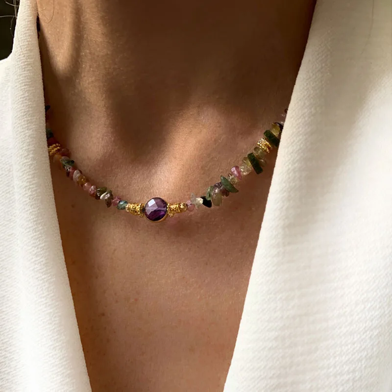 

Handmade Pink Colorful Irregular Gravel Panel Choker Popular INS style Round Stone Pendant Jewelry Banquet Party Trendy Charm