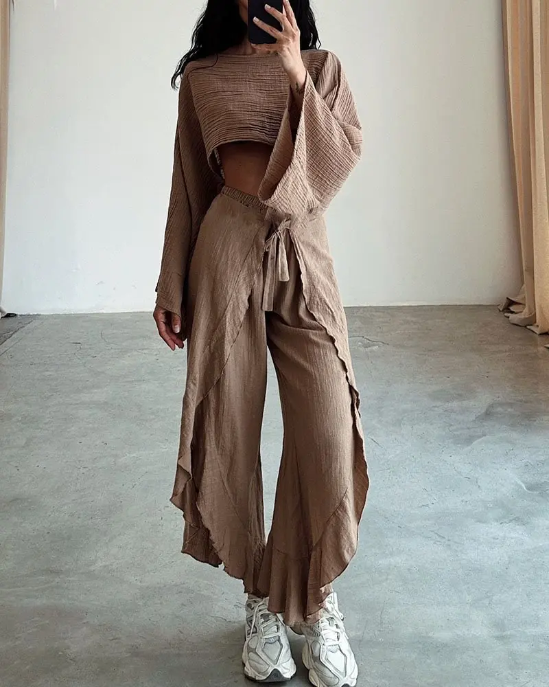 Flare Sleeve Loose Crop Top + Slit Wide Leg Pant Set 2pc Casual Solid Elastic Wasist Trouser Tees Vacation Beach Women Outfits