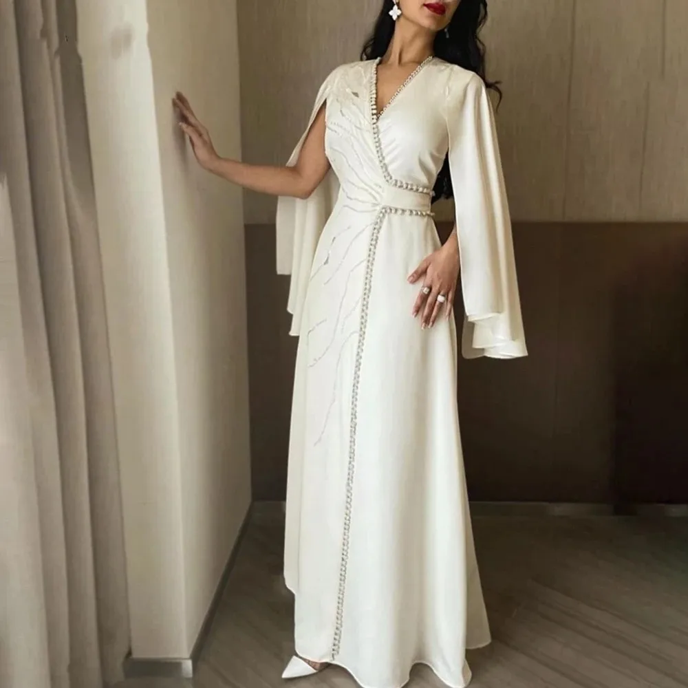 

Flora Dress White Satin Mermaid Moroccan V-Neck Evening Gown Cape Sleeves Beaded Long Formal Dresses Dubai Robes De Soirée
