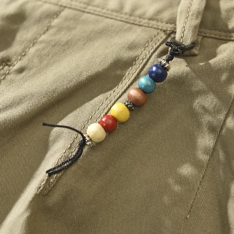 HIQOR Brand Spring Autumn Men Cotton Vintage Solid Color Cargo Pants Fashion Beading Design Streetwear Pant