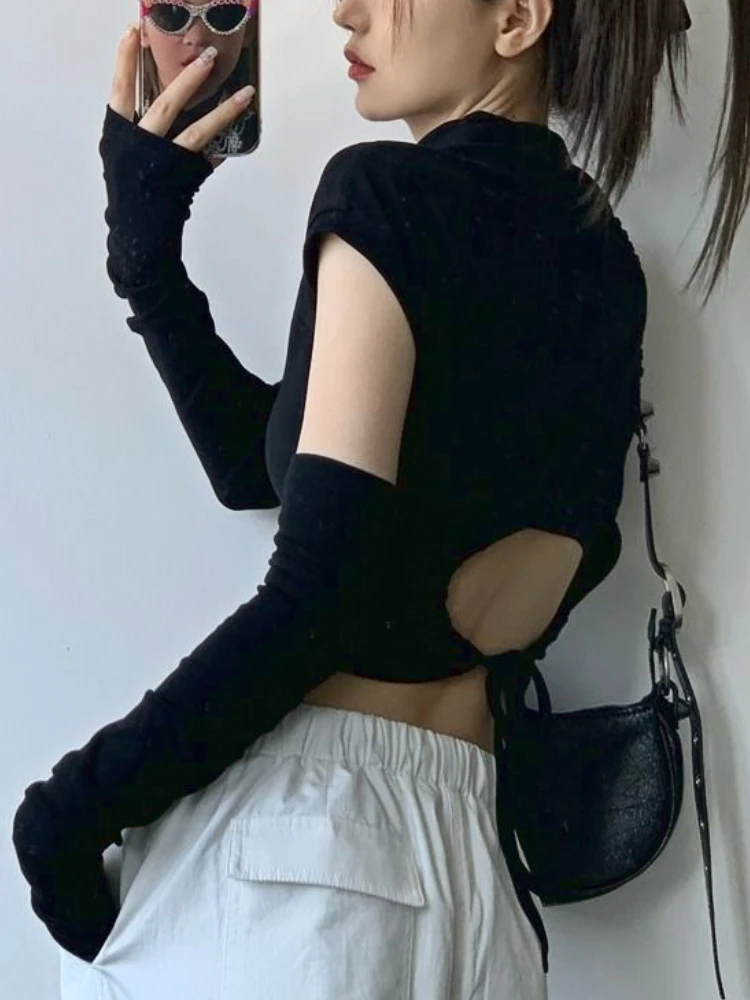 

Осенние черные пикантные винтажные топы, женские корейские модные облегающие блузки с открытой спиной, женские повседневные дизайнерские топы с ремешками, 2023