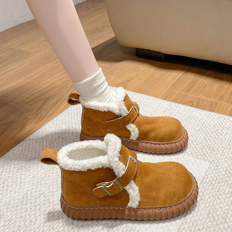 Aphixta Buckle Dec 4cm Chunky Heel Women Warm Snow Boots Sneaker Shoes Short Plush Ladies Footwear botas de invierno para mujer
