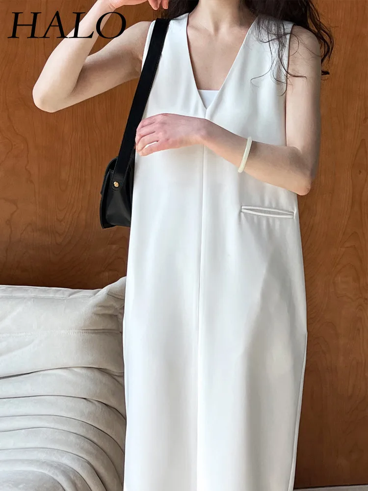 

HALO 2024 Spring/Summer Fashion Minimalist Solid Color Retro New V-neck Commuting Straight Sleeveless Suit Vest Dress For Women