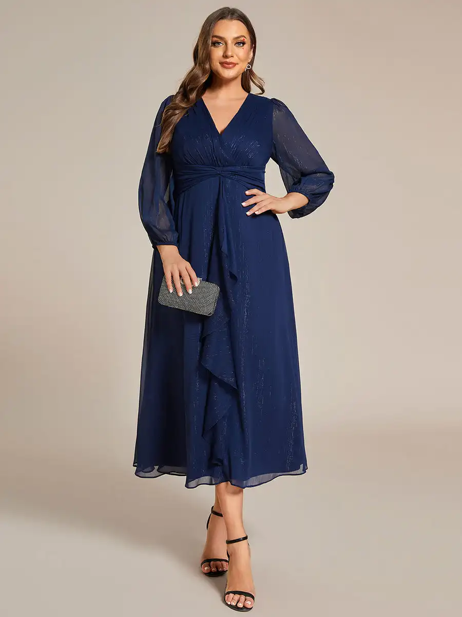 Plus Size Evening Dresses Deep V Neck Long Sleeve Knee-Length