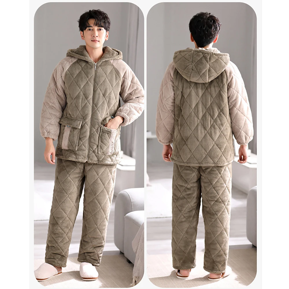 Coral Fleece 3-Layer Super Thicken Winter Sleepwear for Sleeping Korean Style Casual Pajamas for Men Warm Cozy Soft pyjama homme