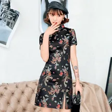 

Chinese Female Satin Dress Elegant Slim Plus Size Qipao Mandarin Collar Vintage Cheongsam Vestidos Sexy High Split Formal Dress