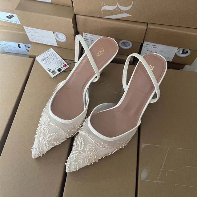 White Embroidered Pearl High Heels Women's Summer New Net Lace Pointed Toe Wrap Head Sandals European Style Sharp Elbow Shoes 1