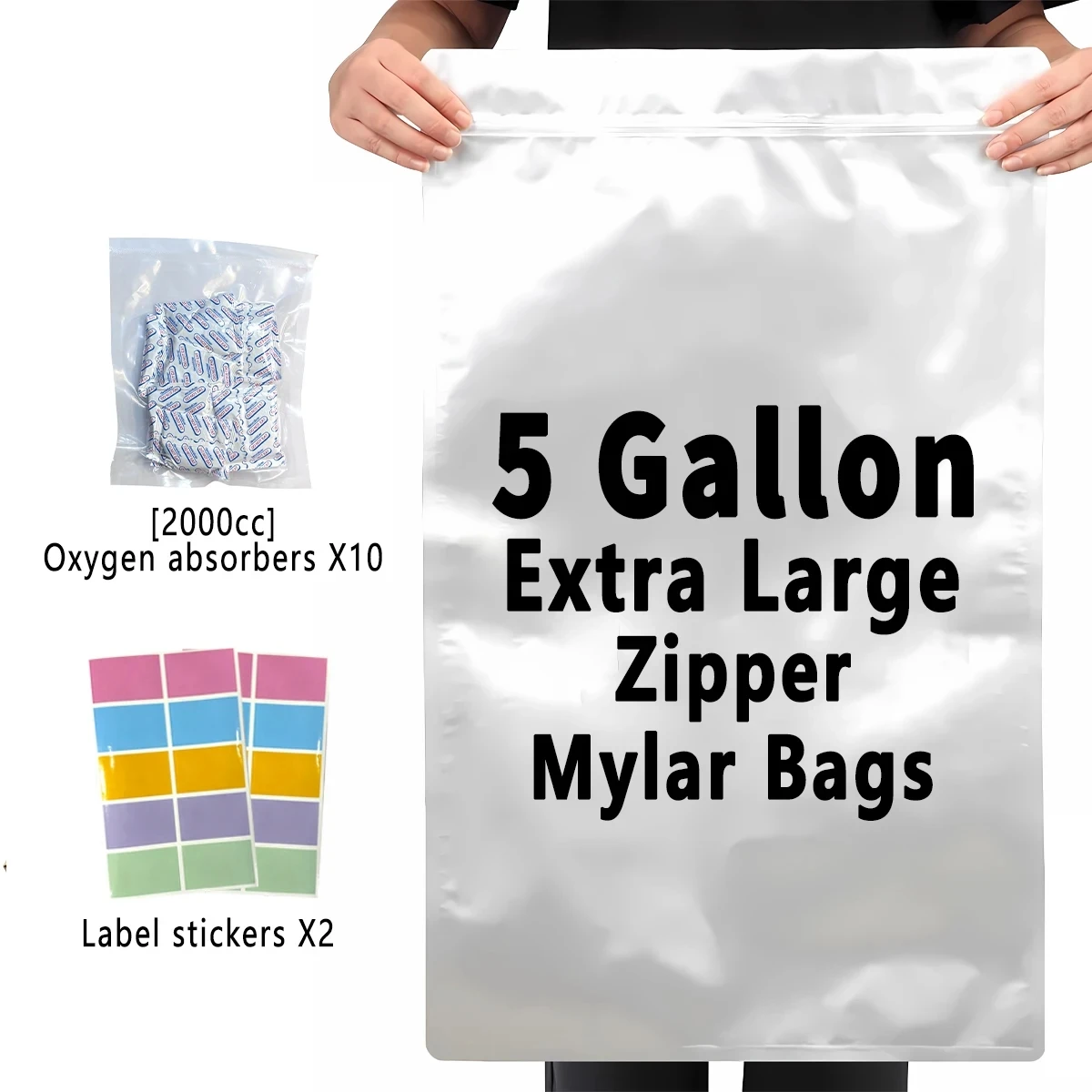 5 Gallon Mylar Bags Foil Waterproof Ziplock Packing Bag for Rice Food Storage Pouches with Label Sticker Oxygen Absorbers