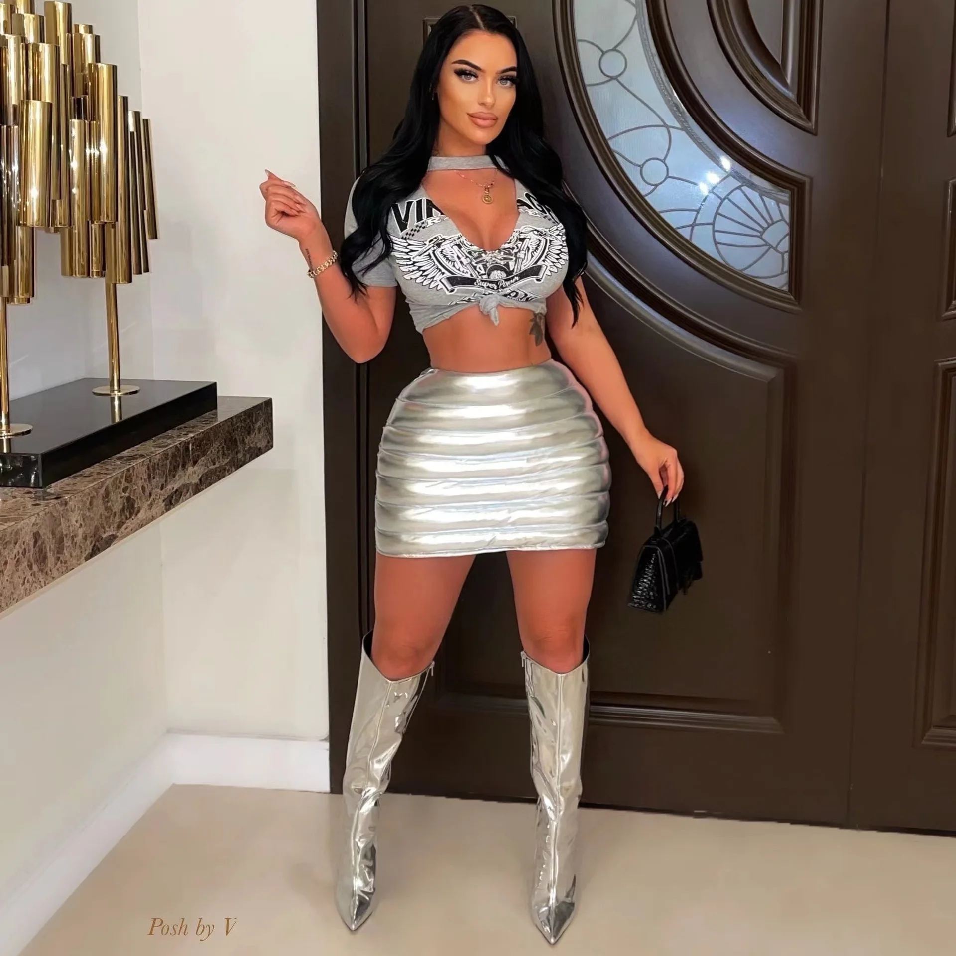 

Bronzing Shiny Metallic Puffer Skirt Women Y2k High Waist Push Up Stretchy Pleated Bottom Sexy Club Outfits Mini Skirt