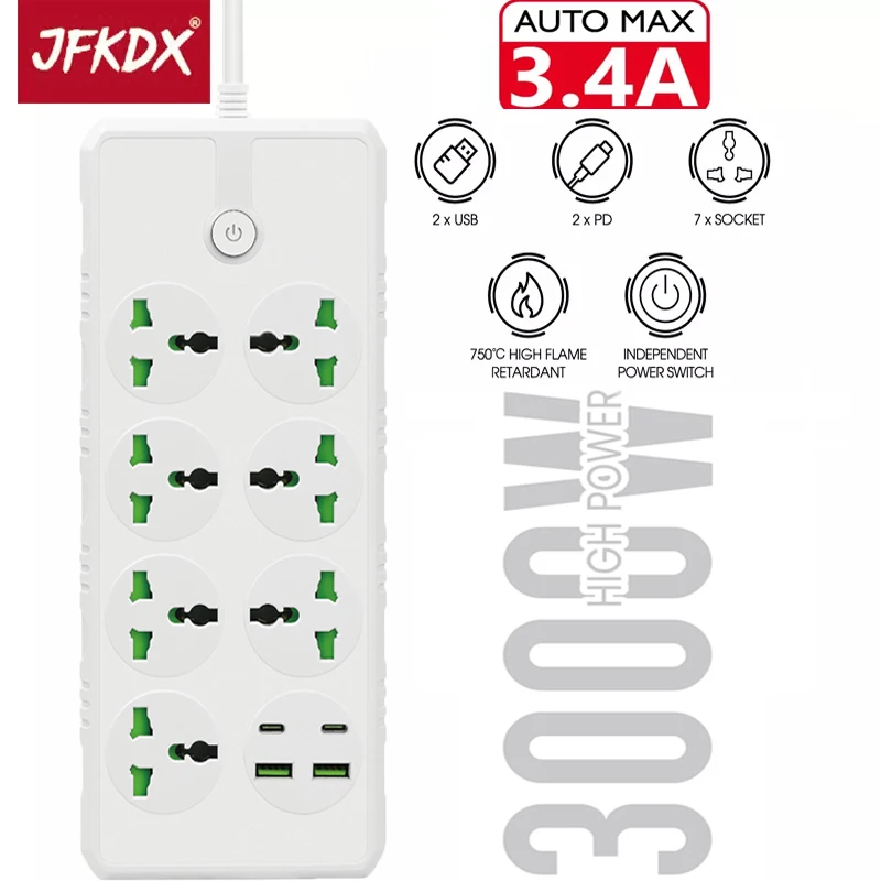 

JFKDX UK US EU Plug 3000W High Multiprise Power Strip 7 AC Socket 2M Extension Cable With USB Fast Charging Port Network Filter