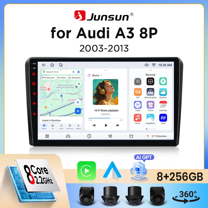 Radio para coche Junsun con CarPlay inalámbrico y Android Auto para Audi A3 / S3 / RS3 (8P) 2003-2013, ventilador de refrigeración integrado, navegación GPS Android, reproductor multimedia, WiFi, DSP, RDS, BT, SWC, pantalla táctil IPS, autorradio, reproductor de vídeo, unidad principal estéreo. 1